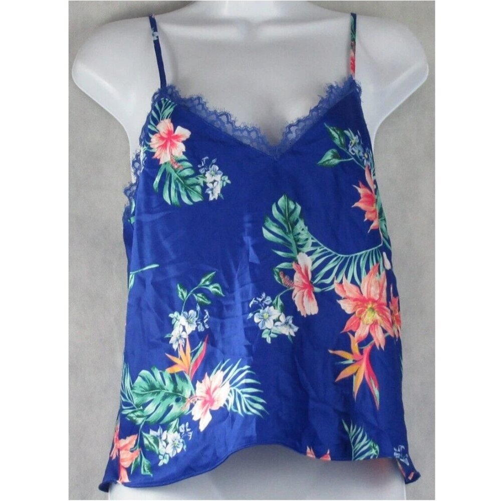 INC Women's Sleeveless Lace-Trim Satin Pajama Top, Blue Floral Multi, Small